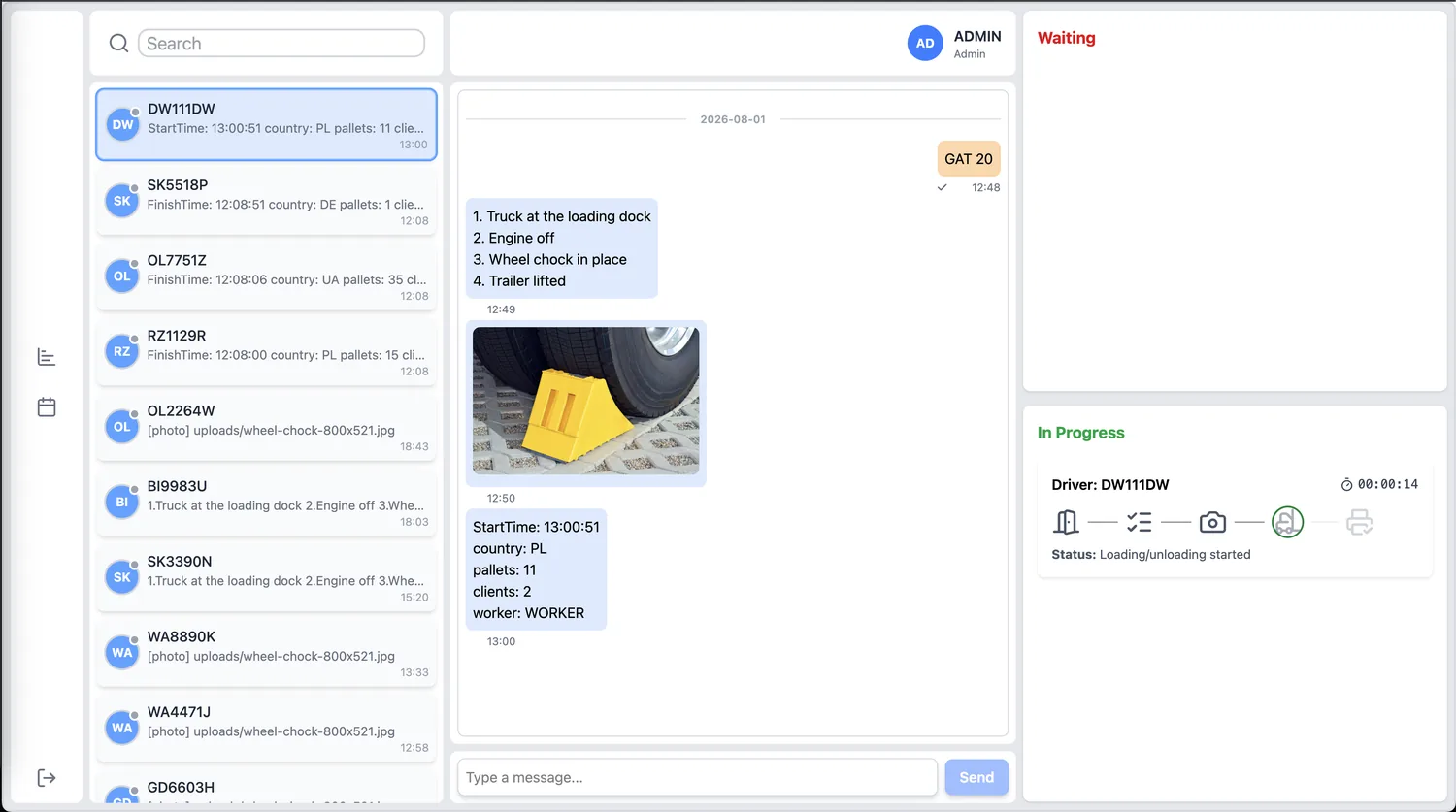 Чат адміністратора зі StartTime 13:00:51, country PL, pallets 11, worker WORKER